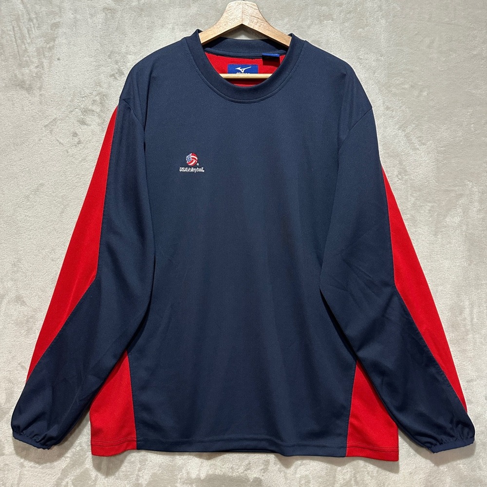 Mizuno USA Volleyball Mens XXL Long Sleeve Training Shirt Navy Red RN 89730
